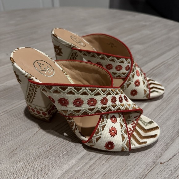 Ash Shoes - ASH Red Aztec Embroidered Adel Round Toe Block Heel Slip On Heel Sandal 7.5 / 38